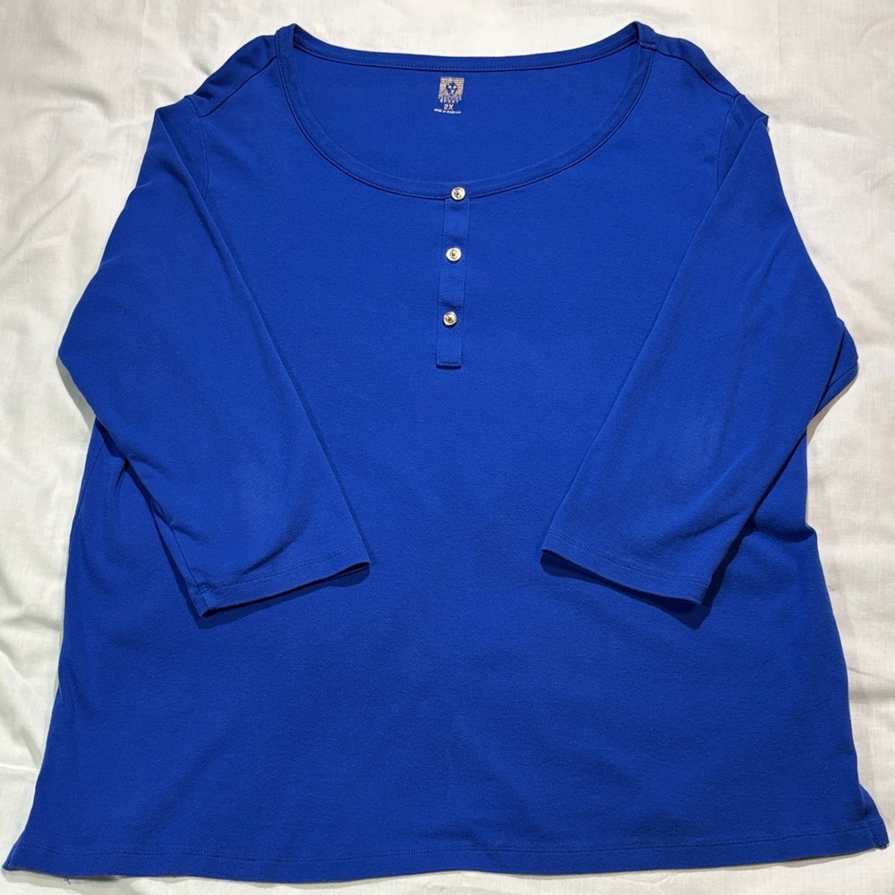 Anne Klein Sport Blue 3/4 Sleeve Button Detail Top Size 2X EUC Casual Blouse EUC